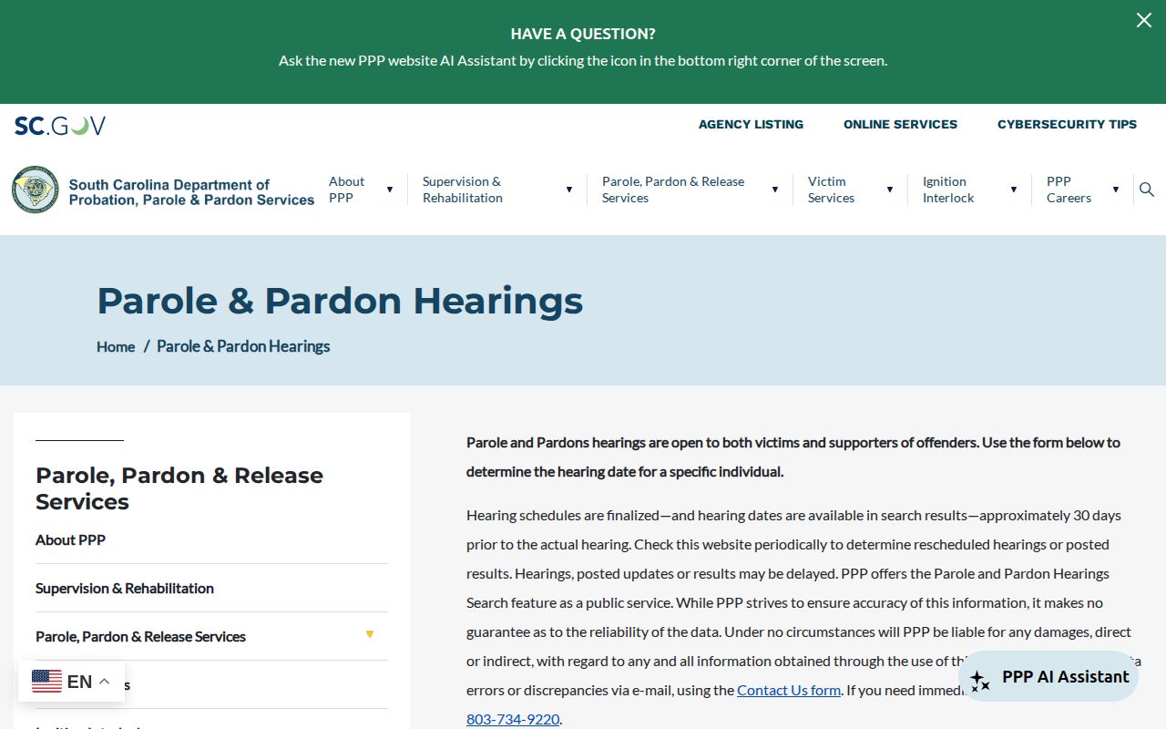 South Carolina person-specific parole hearing and release result search
