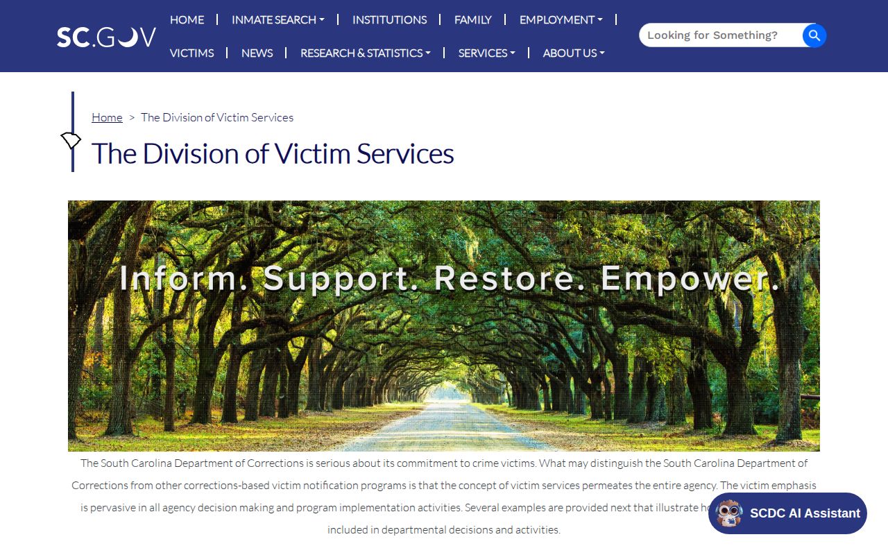South Carolina SCDC victim services release information page