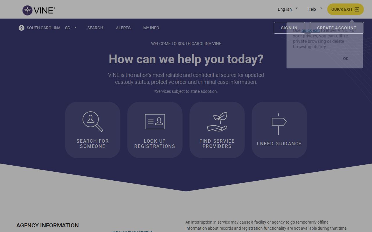 South Carolina VINELink release search and notification portal